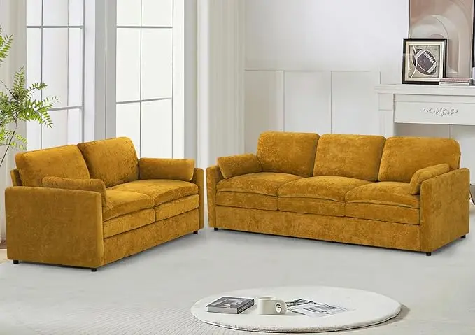 Comfy Chenille Sofa Set with Well-Filled Pillows, Modern 3 Seater and Loveseat