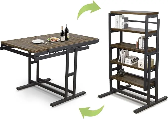 Convertible Dining Table, 2 in 1 Bookshelf to Kitchen Table, Space Saving