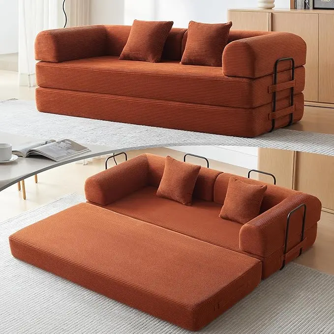 Convertible Sleeper Sofa with 2 Pillow, Modern Corduroy Futon Bed, Modular Sofa