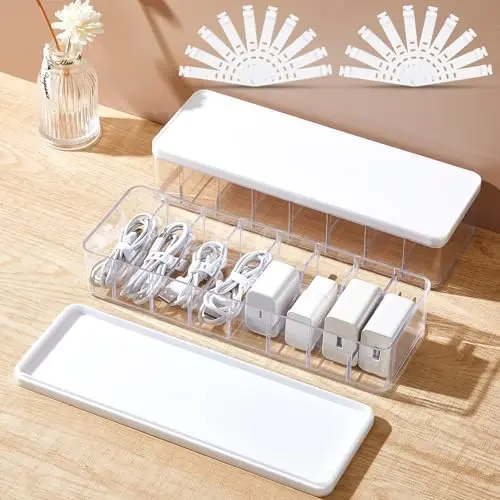 Cord Organizer Box with Lid, Clear, White, 2 Pack