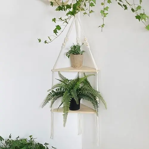 Corner Shelf Macrame Wall Hanging, Boho Wood Storage Wall Decor