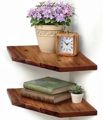 Corner Shelf Wall Mount, 2-Pack Acacia Wood Floating Corner Shelves