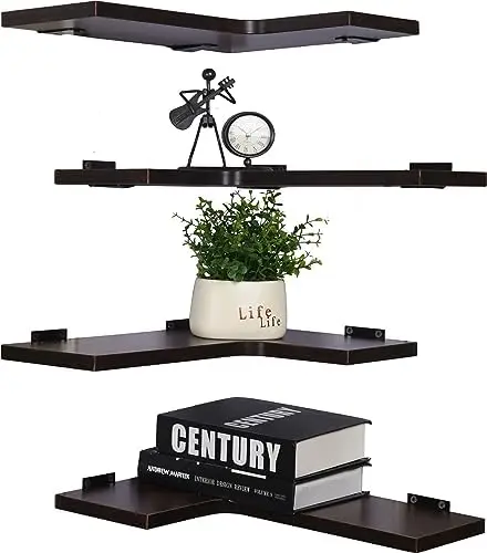 Corner Shelf Wall Mounted, Corner Floating Shelves for Wall, Set of 4 Dark Brown