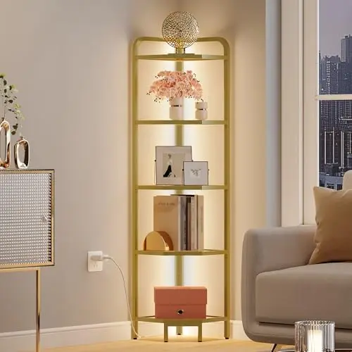 Corner Shelf with LED Lighting, 5-Tier Glass Bookshelf