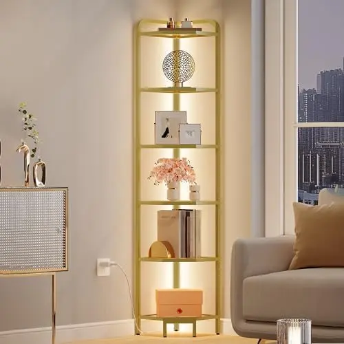 Corner Shelf with LED Lighting, 6-Tier Glass Bookshelf