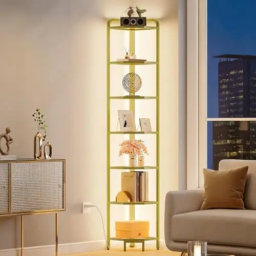 Corner Shelf with LED Lighting, 7-Tier Glass Bookshelf