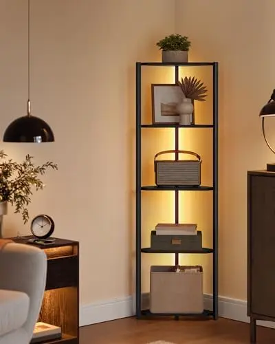 Corner Shelf with LED Lights, 5-Tier Freestanding Bookshelf