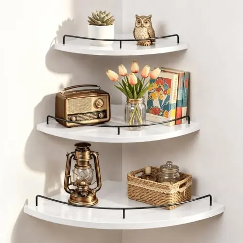 Corner Wall Shelves, 3 Tier Wooden Corner Floating Shelves, White