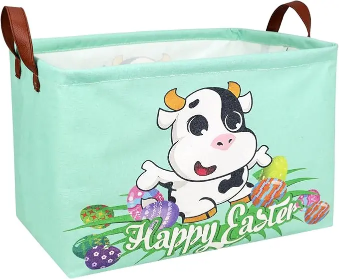 Cow Easter Basket for Kid Large Empty Baby Rectangular Cute Easter Gift Storage Basket Bunny Eggs Décor (Cow)