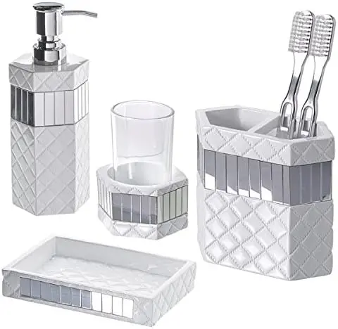 Creative Scents Quilted Mirror White 4 Piece Resin Bathroom Accessories Set