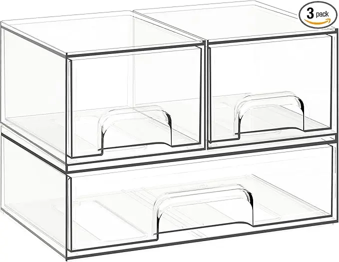 Criusia Stackable Storage Drawers, 3 Pack Clear Acrylic Makeup & Bathroom Organizer, Versatile Storage Bins for Vanity, Under Sink, Kitchen Cabinets & Pantry