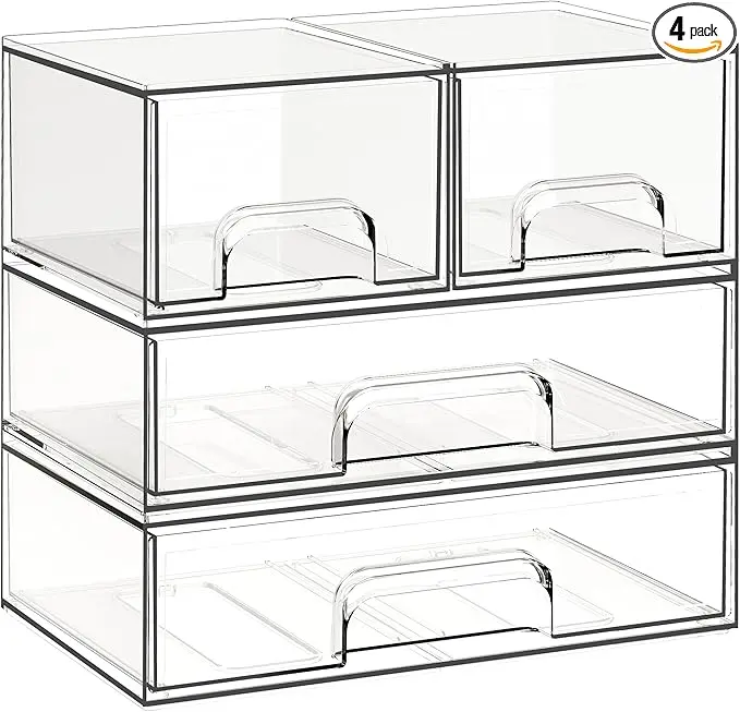Criusia Stackable Storage Drawers, 4 Pack Clear Plastic Makeup & Bathroom Organizer, Versatile Storage Bins for Vanity, Under Sink, Kitchen Cabinets & Pantry
