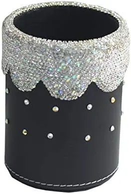 crystal Bling Rhinestone Pen organizer Box Holder Cosmetic Container (Black Round, Medium)