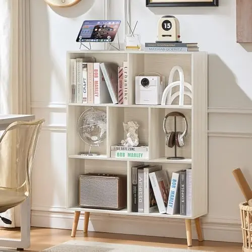 Cube Bookshelf, Mid-Century Modern Book Shelf with Legs,Light Grey
