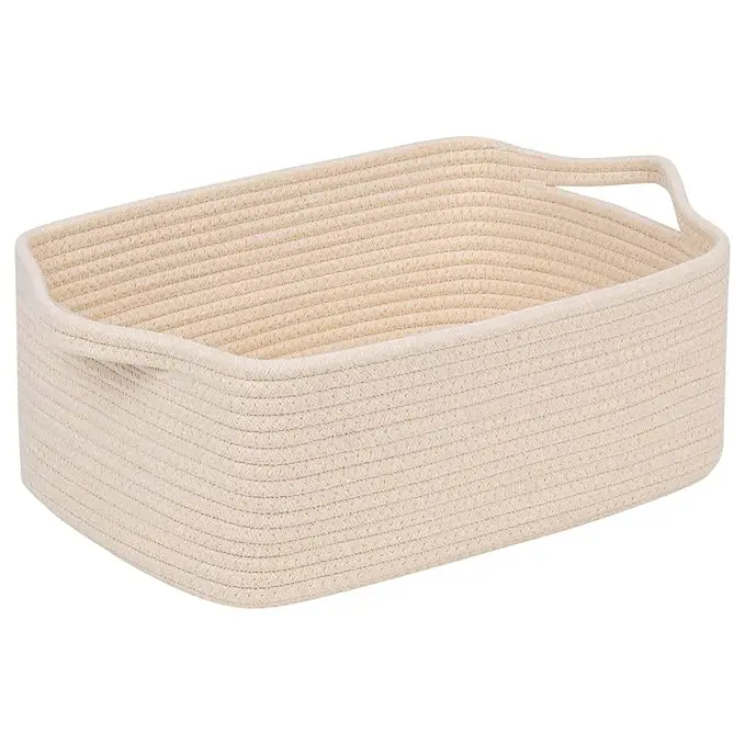 CubesLand Rectangular Cotton Rope Basket, 14x10x5 Inches, Beige, Nursery Storage Bin