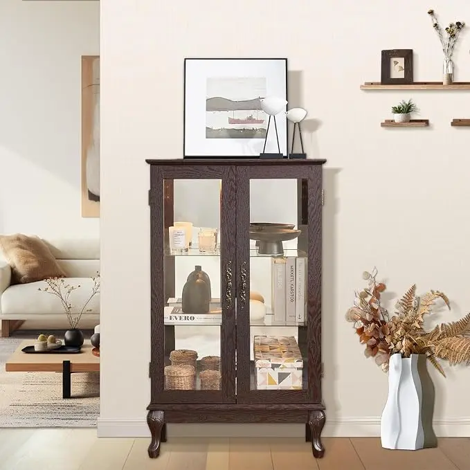 Curio Cabinet with Lighted Display, Glass Display with Mirrored Back, Vintage