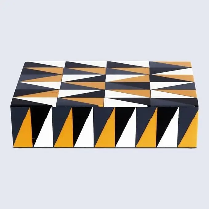 Decorative Storage Box, Handmade Chevron Pattern, Boho Style, Multipurpose Gift Box (black white grey yellow, 10X5X3 Inch)