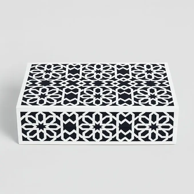 Decorative Storage Box, Handmade Chevron Pattern, Boho Style, Multipurpose Gift Box (white flower, 10X5X3 Inch)
