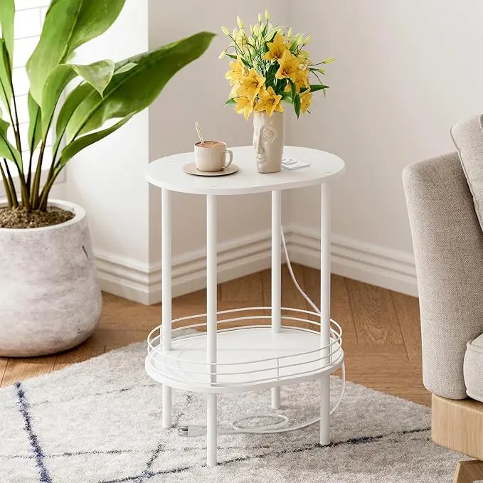 DGSANDGO White Side Table with Charging Station, Side Tables Living Room