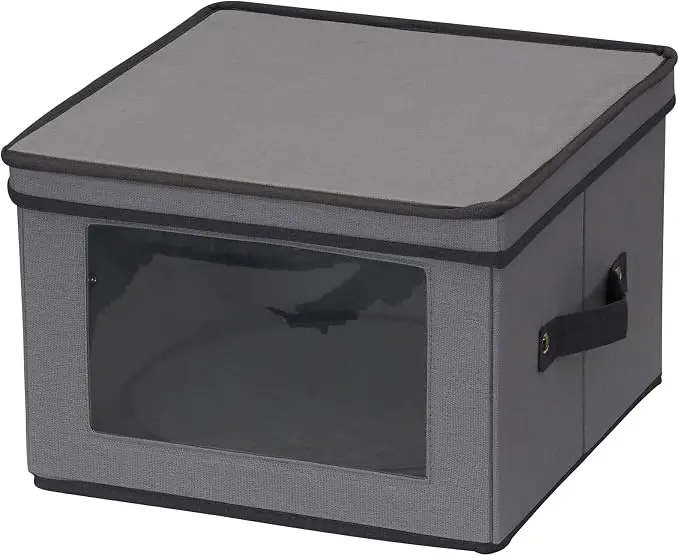 Dinner Plate Storage Box, Strong Frame and Handles, Windowed Panel, Fully Removable Lid, Stackable and Foldable, Perfect for Preserving Your Dinnerware, Gray