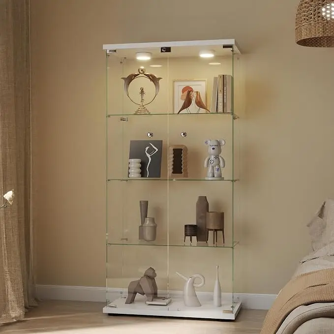 Display Cabinet with Light, Glass Door and Lock, 4-Shelf Fast Installation in