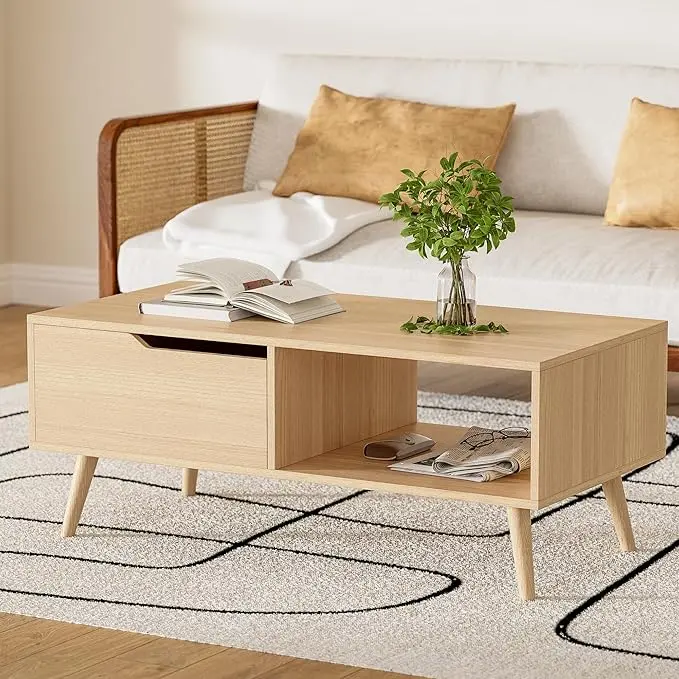 DIYART Oak Coffee Table, Mid Century Modern Coffee Table