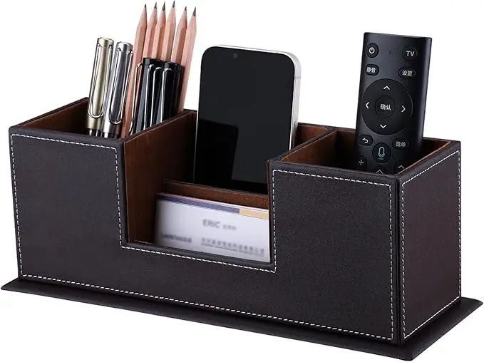 Double Holder Wood Leather Multi-Function Desk Stationery Organizer Dark Brown