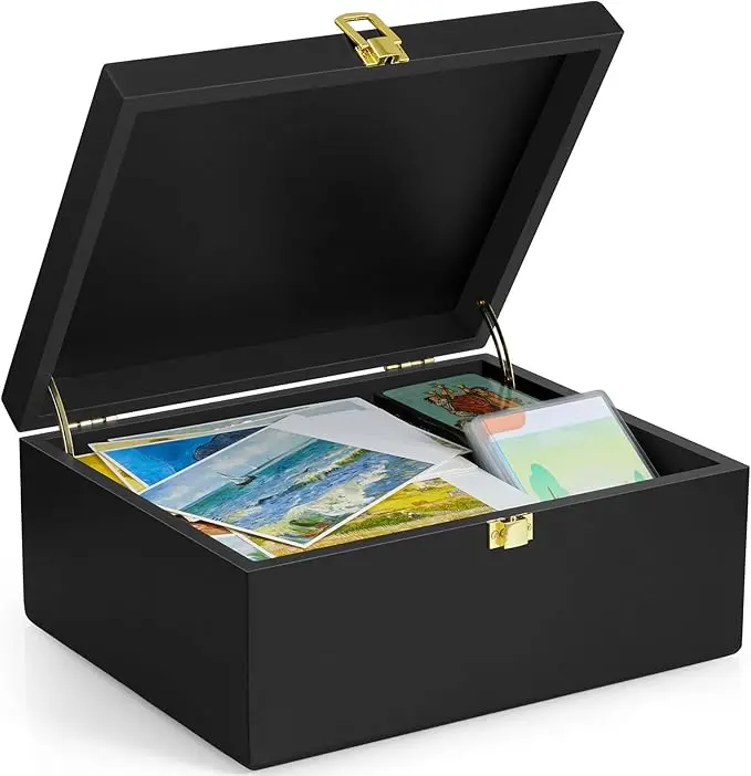 DRASTAR Large Wooden Keepsake Box, Black Memory Box, Decorative Storage Box with Hinged Lid, Large Card Box