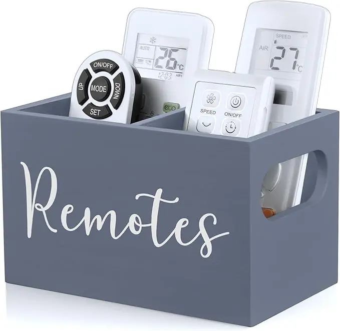 DRASTAR Remote Control Holder, Wood TV Remote Holder, Remote Storage Caddy, Remote Control Organizer (Gray, 2 Slots)
