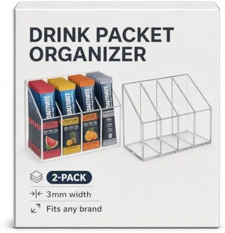Drink Packet Organizer, 2 Pack, Clear Acrylic Countertop Caddy
