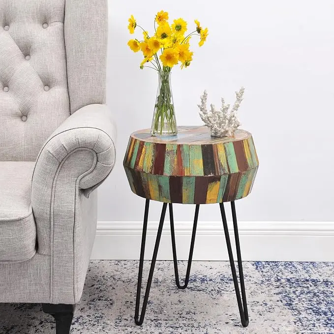 Drum Round Wood Side Table 16" x 16" x 21" H Reclaimed Rustic Multicolor Patio
