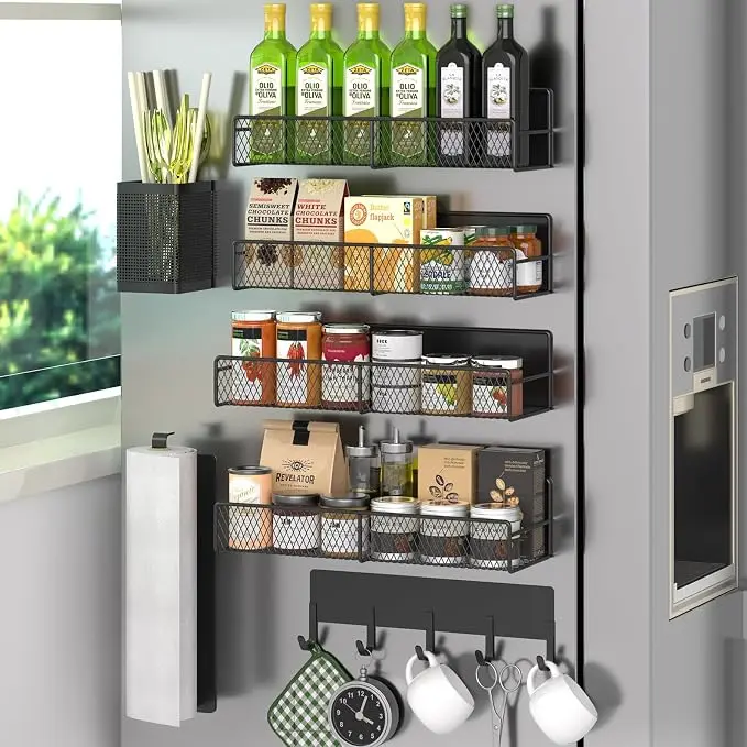 DTUQYX Magnetic Spice Rack for Refrigerator, 7 Pack Metal Shelf Black, Moveable