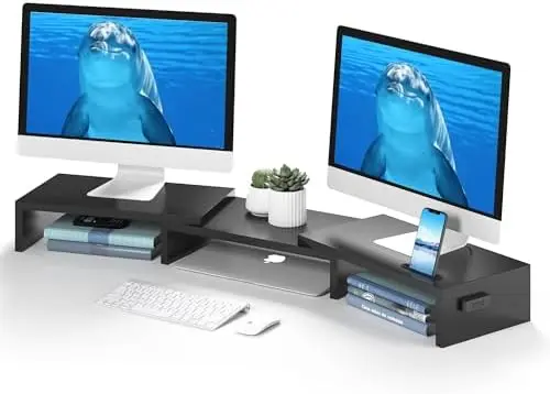 Dual Monitor Stand Riser, Adjustable Length & Swivel Angle, Black