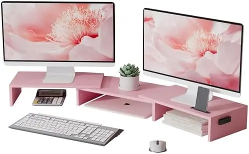 Dual Monitor Stand Riser, Adjustable Length & Swivel Angle, Pink