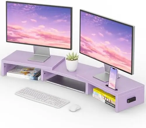 Dual Monitor Stand Riser, Adjustable Length & Swivel Angle, Purple