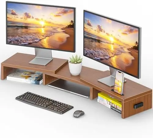 Dual Monitor Stand Riser, Adjustable Length & Swivel Angle, Walnut