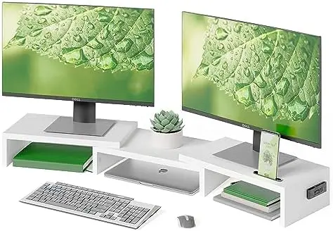 Dual Monitor Stand Riser, Adjustable Length & Swivel Angle, White