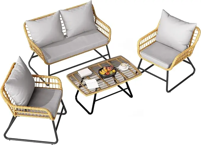 DWVO Outdoor Conversation Set 4 Piece, Outdoor Wicker Bistro Set