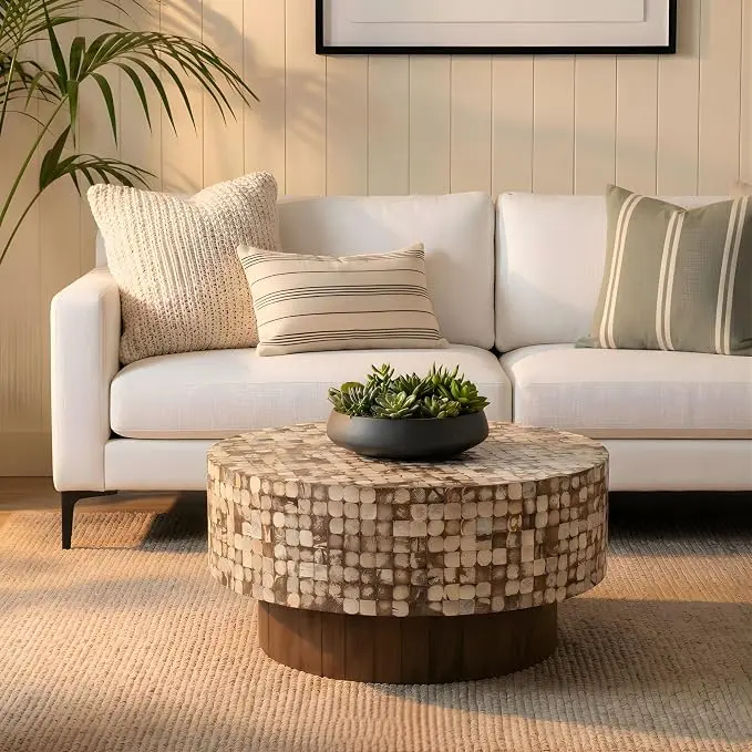 East at Main Mila Brown Coffee Table – Round Boho Pedestal Table