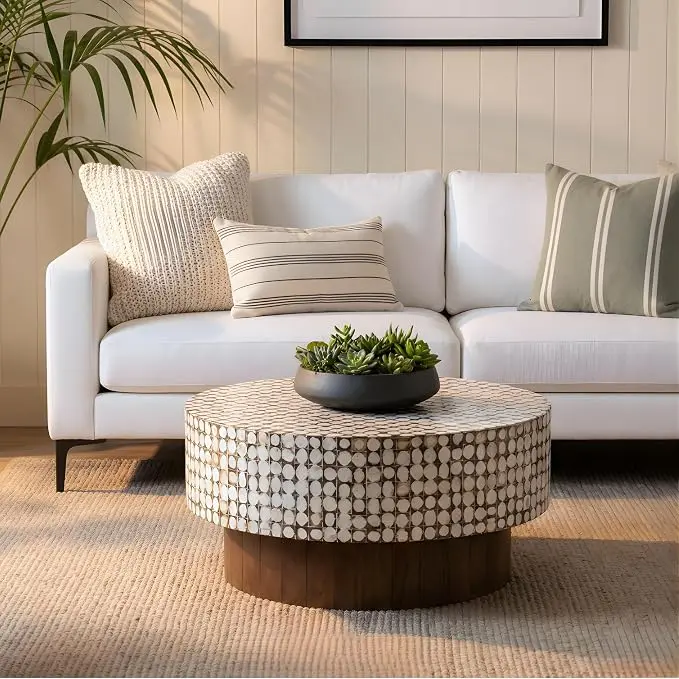East at Main Round Coffee Table – White Boho Cocktail Table