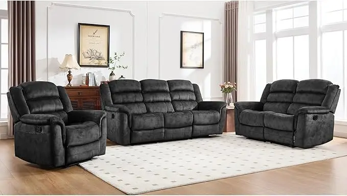 EBELLO 3 Pieces Reclining Living Room Set, Overstuffed Soft Fabric Manual