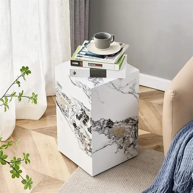 End Table, Side Table Living Room Table, Faux Marble Sofa Couch White Bedside