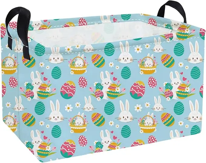 Essme Rectangular Easter Baskets,Pink Easter Storage Basket with Handles for Boys Room Decor, Girls Box,Cute Storage Bin（Blue eggs）