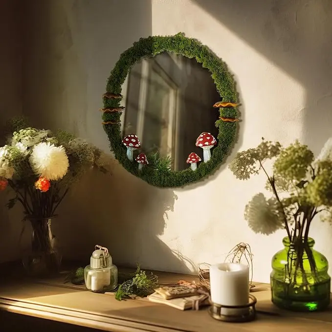 EVOLUX Wall Mirror Mushroom Decor Handmade Moss Round Hanging Mirror Cottage