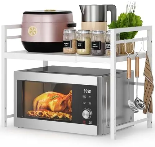 Expandable Microwave Stand Kitchen Countertop Organizer, White