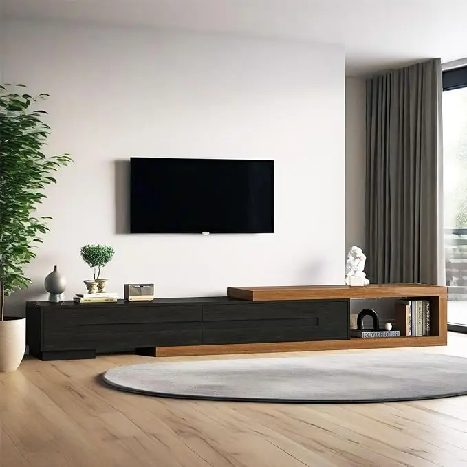 Extendable TV Stand with 2 Drawers, Long Reversible Entertainment Center with