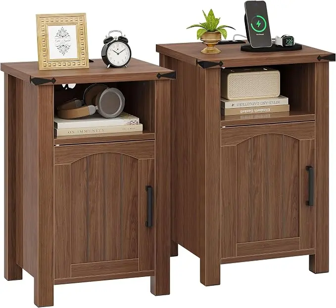 Farmhouse Nightstand with Charging Station, Rustic Bedside Table with Large