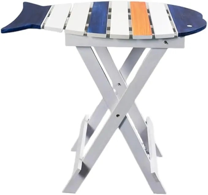 Fish-Shaped Coastal End Table, Folding Wooden Nautical Coffee Table, Rustic