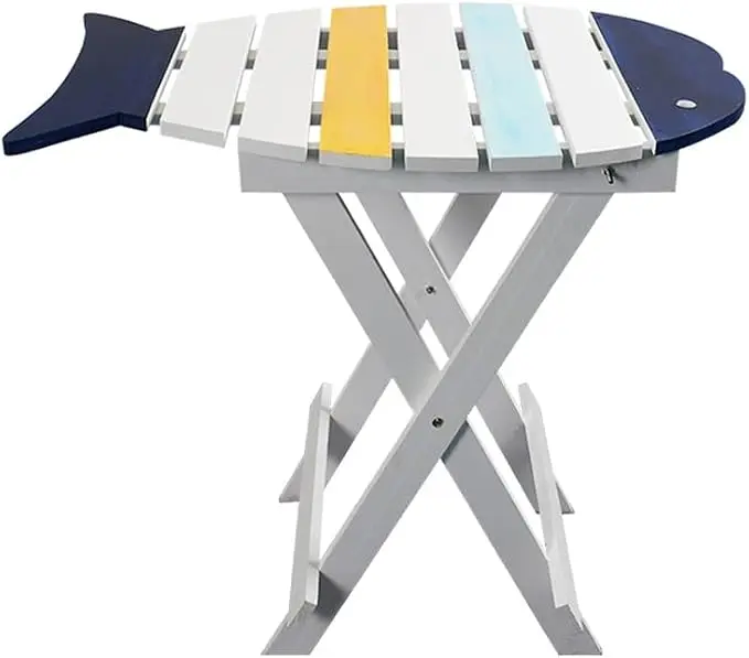 Fish-Shaped Coastal End Table, Folding Wooden Nautical Coffee Table, Rustic