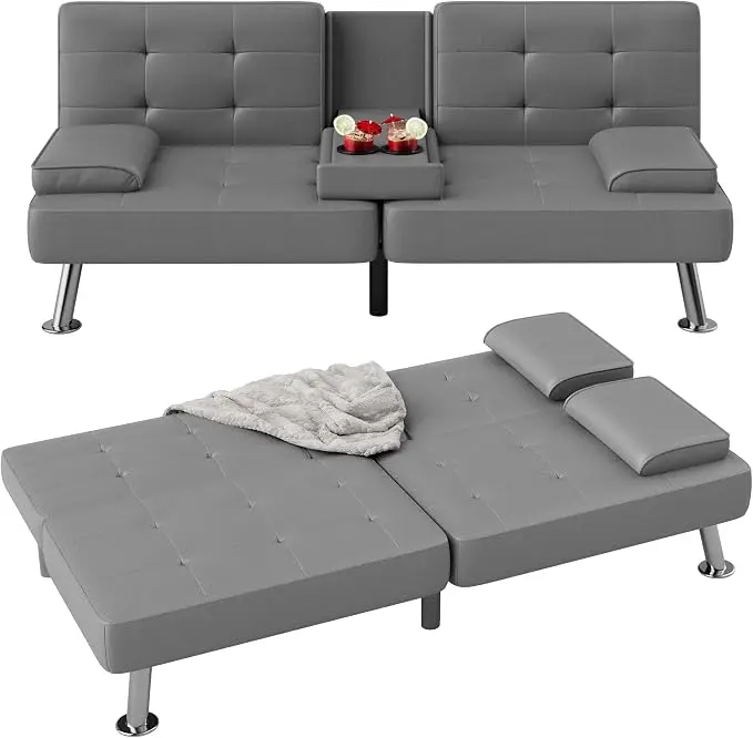 Flamaker Futon Sofa Bed Modern Folding Futon Set PU Leather Convertible